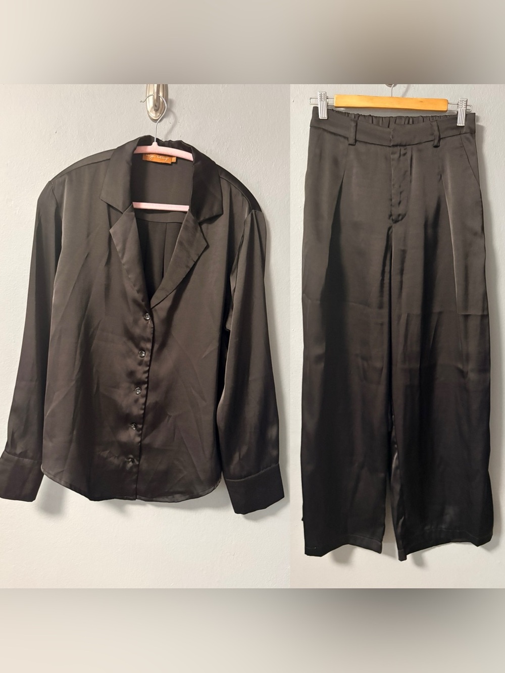 Beige Botany Silky Black Button-Up Blouse and Wide Leg Pants Coord Set. Small